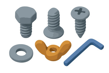 Set of diverse construction and assembly hardware elements featuring bolts screws nuts washers and an Allen wrench