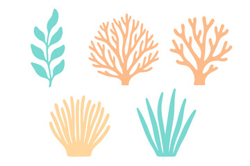 Colorful stylized collection of diverse underwater plants and coral reef elements in a clean graphic style