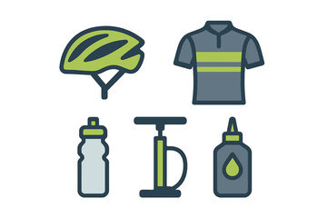 Collection of essential cycling gear and accessories including helmet, jersey, water bottle, pump, and lubricant
