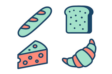 Assortment of bakery and dairy products including baguette, sliced bread, cheese, and croissant