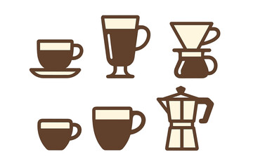 Stylized graphic symbols of popular coffee drinking vessels and essential brewing devices for cafes and home kitchens