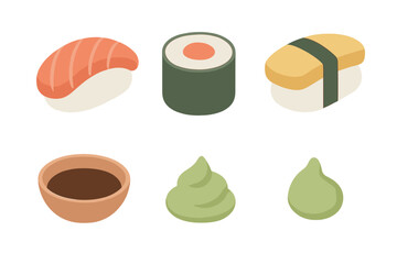 Traditional Japanese sushi selection featuring various nigiri, maki, and essential condiments like soy sauce and wasabi