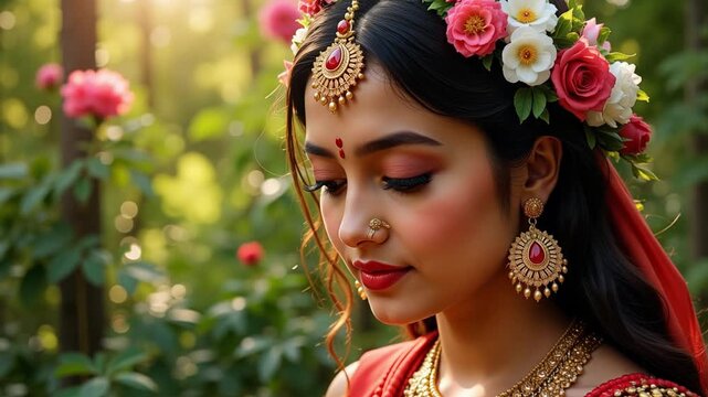 Enchanting Goddess Radha in Blooming Forest - A Divine Close-Up in 4K, Bringing Mythological Beauty to Life with Ethereal Grace and Spiritual Depth