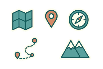 Outdoor adventure and travel navigation elements featuring map, location pin, compass, route, and mountains