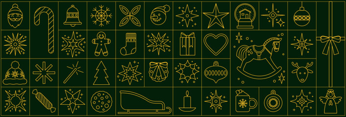 Christmas geometric pattern. Icon star set. New Year holiday background, line art. Happy minimalist elegant illustration, Xmas gift box. Winter season. Vector luxury ornament isolated elements set