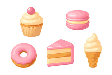 Assortment of sweet desserts including cupcake, macaron, donut, cake slice, and ice cream cone