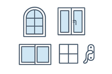 Architectural elements featuring a diverse collection of window frames with glass panes and a window handle design