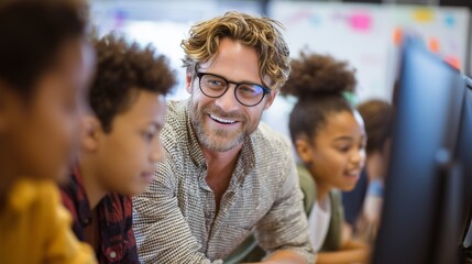 In a classroom, a man and several students are engaged in an activity involving a computer. The man guides the students while the computer aids their learning environment.