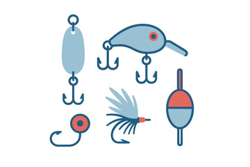 Collection of Fishing Lures and Tackle Components Including Spoon, Crankbait, Fly Lure, Hook, and Bobber