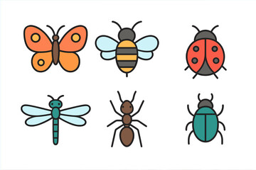 Colorful collection of diverse flying and crawling insects including butterfly bee ladybug dragonfly ant beetle