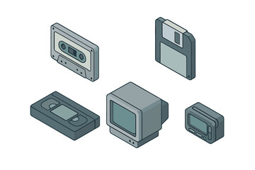 Isometric vintage electronic devices and retro data storage media: floppy disk, audio cassette, VHS tape, old computer monitors