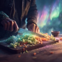 Person Cutting Vegetables on Wooden Board