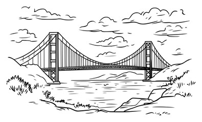 Elegant suspension bridge spanning wide river against rolling hills and cloud-filled sky – scenic engineering landmark sketch illustration