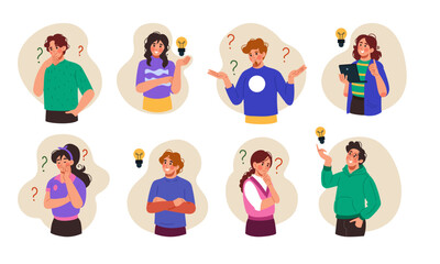 People with ideas. Question mark. Man in office. Light bulb symbol, business problem, ask thoughtful person. Confused character thinks pensive. Vector tidy cartoon flat style isolated illustration set