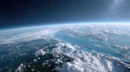 Detailed Aerial View of Earth with White Clouds and Blue Water Against Starry Sky