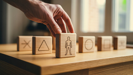 Hand placing wooden block with human figure symbol on table