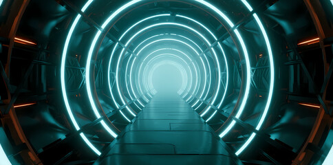 Futuristic illuminated tunnel with glowing circular lights and a symmetrical corridor leading to a bright endpoint