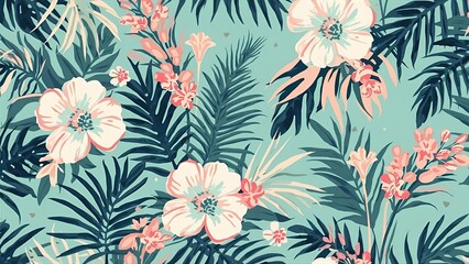 A vintage tropical pattern featuring white plumeria or frangipani flowers and green palm leaves on a dark teal background. A classic, elegant botanical illustration for a sophisticated summer theme