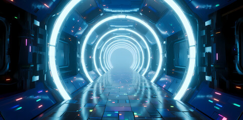 Futuristic illuminated tunnel with glowing blue rings and reflective floor in a sci-fi corridor