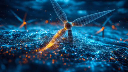 Wind turbine surrounded by glowing data streams and digital connections at night