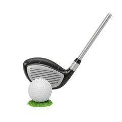 Golf club poised to strike a white golf ball resting on green grass