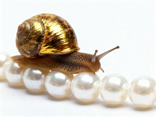 A snail with a golden shell crawling across a string of white pearls on a white background close up shot