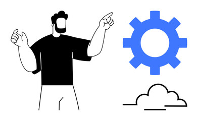 Man gesturing with blue gear and cloud symbol, emphasizing technology, innovation, process, creativity, teamwork, digital transformation, education. Ideal for business tech trends learning simple