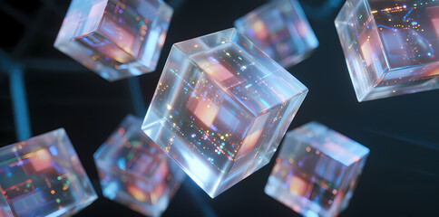 Transparent cubic structures with internal light patterns floating in dark space