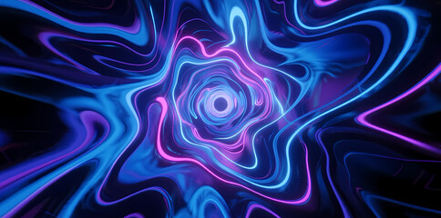 Abstract digital artwork featuring swirling neon patterns in blue and purple hues with a central vortex effect