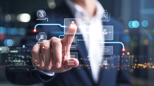 Business professional interacting with a futuristic digital interface and glowing icons - Powered by Adobe