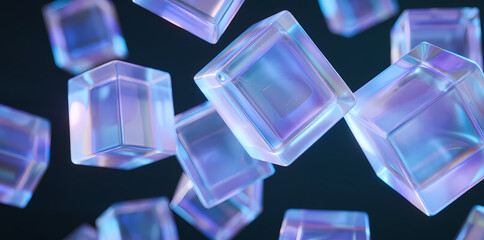 Transparent crystalline cubes floating in a dark space with iridescent reflections