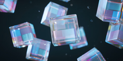 Transparent cubic crystals floating in dark space with colorful reflections