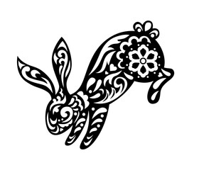 Easter pattern. Black silhouette animal. Jumping rabbit. Floral ornament. Curls and flowers. Spring hare. Botanical print. Holiday traditional decor element. Cony mammal. Isolated flat vector bunny