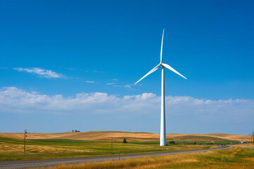A wind turbine turning gracefully in the countryside against a clear blue sky, promoting clean energy.