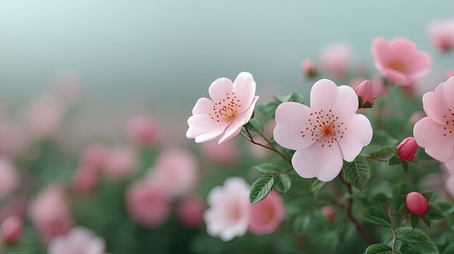 Delicate Pink Flowers with Dew Drops and Soft Green Background