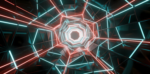 Neon-lit geometric tunnel with glowing red and blue lines forming a futuristic hexagonal corridor