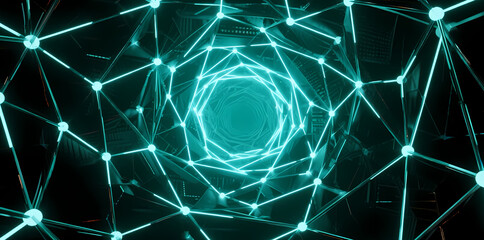 Abstract digital tunnel with glowing blue nodes and interconnected lines forming a futuristic network pattern