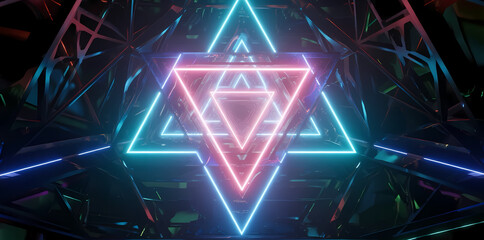 Neon geometric triangles forming a glowing star shape in a futuristic, dark environment with reflective surfaces and vibrant light patterns.