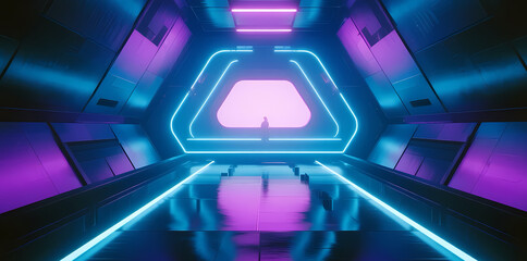 Futuristic neon-lit corridor with glowing hexagonal doorway and reflective floor