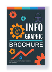 Infographic brochure. Information chart banner. Growth graph and cogwheels. Idea lamp. Project management gear. Workflow scheme. Business strategy presentation. Magazine page. Vector design template