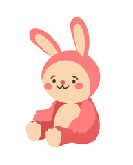 Kids rabbit. Children toy. Pink plush soft bunny. Cartoon domestic animal. Adorable baby hare in sitting pose. Easter cute mammal. Childish fluffy doll. Little sweet pet. Vector isolated flat element