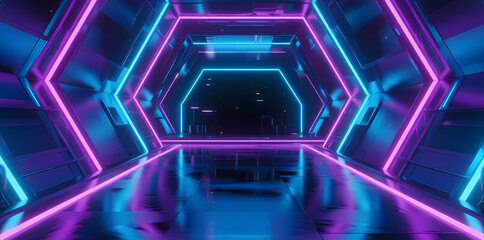 Neon-lit hexagonal tunnel with futuristic design and reflective floor