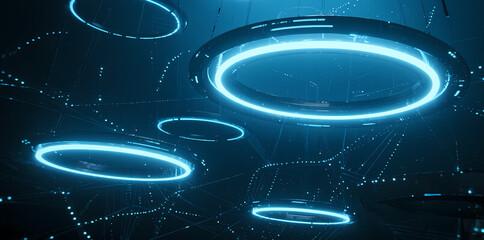 Futuristic glowing rings suspended in a dark digital space with interconnected light trails
