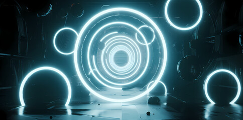 Neon-lit circular tunnel with glowing rings in a futuristic dark environment