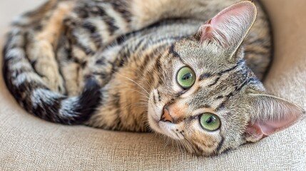 upholstery. Adorable tabby cat curled up on neutral-toned fabric, bathed in soft window light