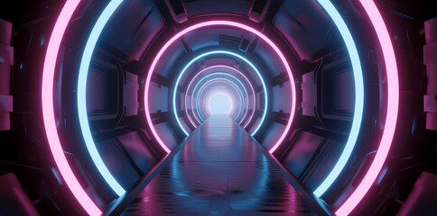 Neon-lit futuristic tunnel with glowing circular lights and reflective floor