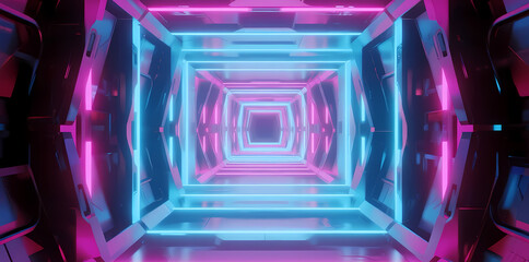 Neon-lit futuristic corridor with glowing blue and pink lights creating a symmetrical tunnel effect