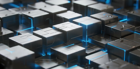 Abstract grid of metallic cubes with blue glowing edges, arranged in a futuristic pattern