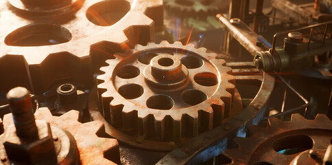 Close-up of interlocking metal gears in a mechanical assembly with warm lighting