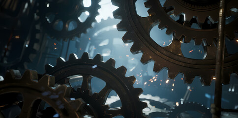Interlocking metal gears in a mechanical environment with glowing particles and industrial lighting